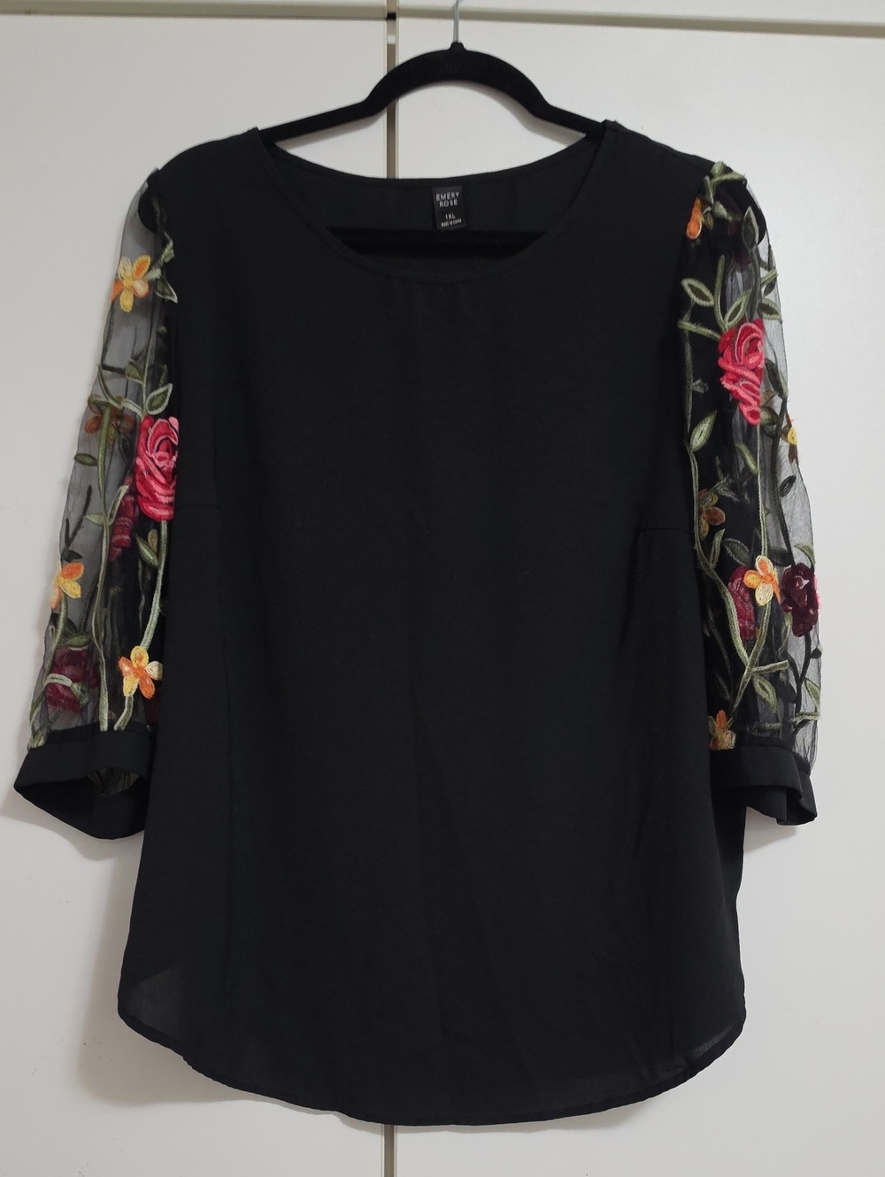 Black Blouse with Embroidered Sheer Floral Sleeves